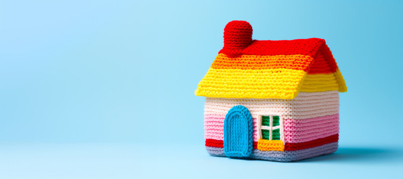 Colorful Knitted House on Blue Background Banner