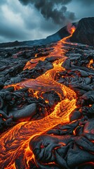 Lava flows down the slope, a mesmerizing yet impressive display of the Earth's geological forces. Eruption.