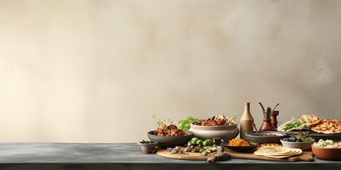 Fototapeta na wymiar Display of food on wooden plate on table with cement wall background