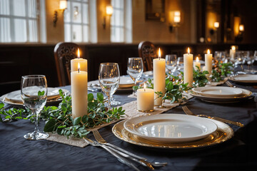 A candlelit dinner table with white plates, gold chargers, and silverware.