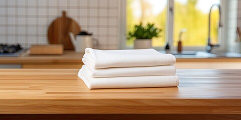Fototapeta na wymiar Towel on wooden table in modern kitchen