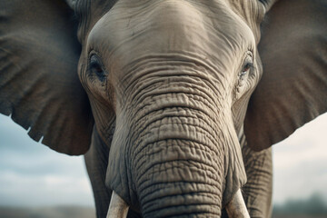 A close-up of an elephant's trunk and face, with the animal looking directly into the camera