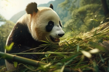 A panda bear eating bamboo in its natural habitat in the Chinese mountains