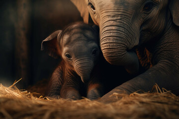 A baby elephant with its trunk snuggled up against its mother's face