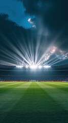 Stadium, football field. The lights pierce the dark night sky, casting a brilliant light into the background, illuminating the anticipation of an exciting football game.