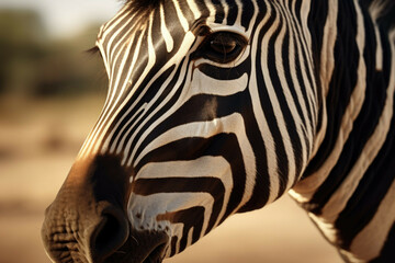 A close up of a zebra's face, with its stripes visible in the background