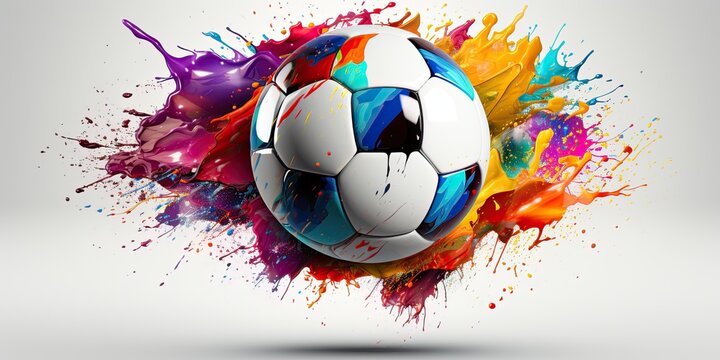 Soccer ball in splashes of color design art. Football concept, concept art goal. A collection of bright soccer ball prints for T-shirts, clothing and paper. Sport football logo illustration.