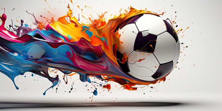 Soccer ball in splashes of color design art. Football concept, concept art goal. A collection of bright soccer ball prints for T-shirts, clothing and paper. Sport football logo illustration.
