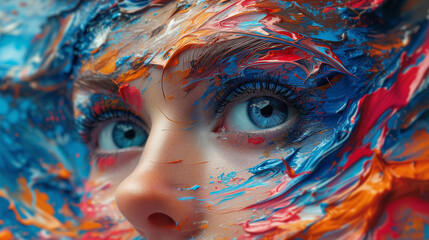 Captivating image portraying a close up woman's face. Mesmerizing fusion of colorful paint splashes.  Captivating gaze Harmony of the composition, emotionally resonant artwork. 