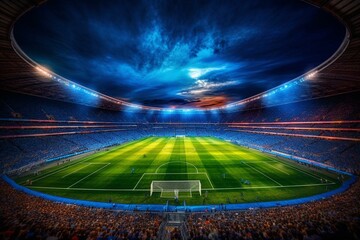 A vibrant football stadium lit up for a soccer match. Generative AI
