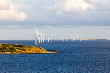 Middelgrunden green energy wind turbine farm at the entrance to the port of København or Copenhagen, Denmark travel and tourism