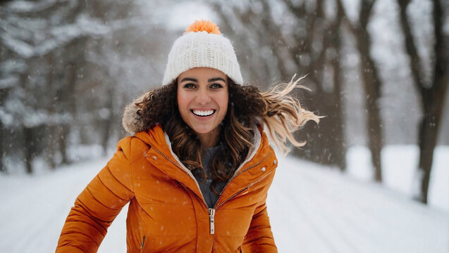 Retrato de una joven modelo con una bella sonrisa y bajo la nieve. Joven con chaqueton naranja. Sesion fotogr&aacute;fica bajo la nieve. IA generativa