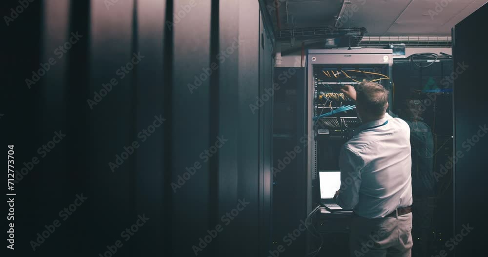 Poster Man, server room and computer for maintenance, system solution and data center, coding or cybersecurity at night. Back of technician, laptop and engineering of gdpr software, backup or cables check