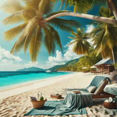 Fototapeta na wymiar Beach chair and towel under the coconut tree on exotic beach
