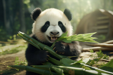 Obraz premium A baby panda bear eating a bamboo shoot, its little paws reaching out for more