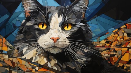 Black cat painting on stained glass window Ai generated art
