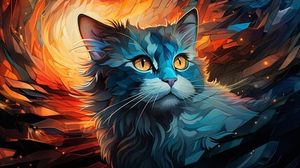 Black cat painting on stained glass window Ai generated art