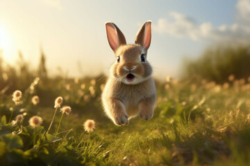 A baby rabbit hopping across a meadow, its nose twitching and its ears perked up