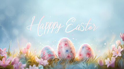 Easter card with pastel Easter eggs decorated with floral patterns, among soft pink spring flowers, under whimsical calligraphy "Happy Easter" against a dreamy blue sky with copy space.