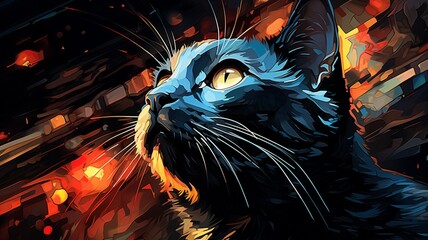 Black cat painting on stained glass window Ai generated art