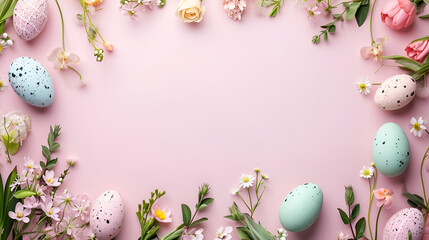 Delicate Easter frame, top view of colorful pastel colored eggs and delicate spring flowers neatly arranged on a clean pink background with plenty of space for text.