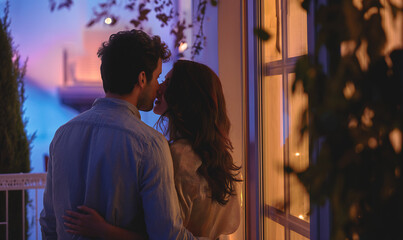 A couple in love stands on the balcony at dusk and enjoys each other's company. Relationship, romance and love concept. - obrazy, fototapety, plakaty