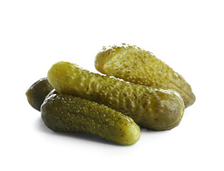 Pickled cucumbers on white background