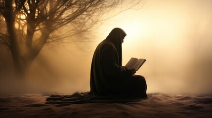 Silhouette of a Muslim man reading the Koran, with a background of sunlight and fog. copyspace - generative ai