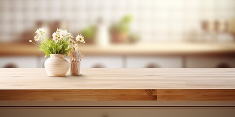 Fototapeta na wymiar Product displayed on spacious wooden desk in kitchen interior.