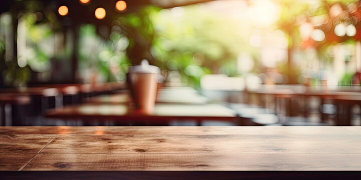 Lively cafe image featuring a wooden table with a blurry background.