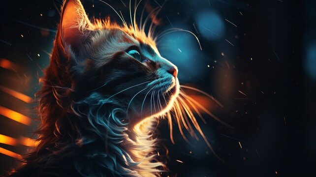 Brown eyes cat in starry sky background night close up fantasy image Ai generated art
