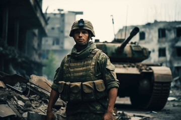 A soldier in a camouflaged uniform standing in front of a tank in a war-torn city
