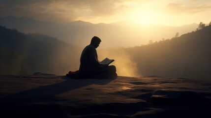 Silhouette of a Muslim man reading the Koran, with a background of sunlight and fog. copyspace - generative ai