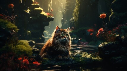Cat in nature fantasy illustration Ai generated art