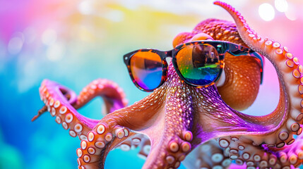 cool octopus wearing sunglasses in studio with a colorful and bright background. AI Generative - obrazy, fototapety, plakaty