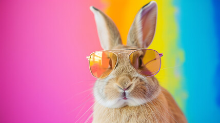 Cool bunny with sunglasses in studio with a colorful and bright background. AI Generative