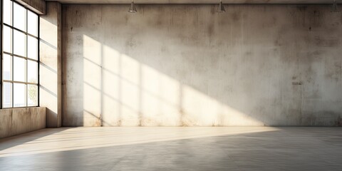 Sunlit room with large windows, Shadowy floor, Concrete wall backdrop.