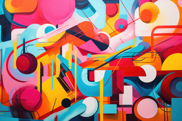 a colorful and vibrant abstract painting with geometric shapes