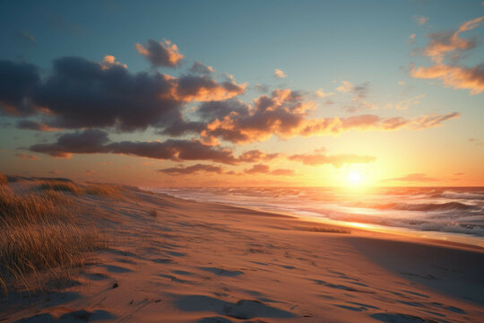 a windy beach with sand dunes and a beautiful sunset