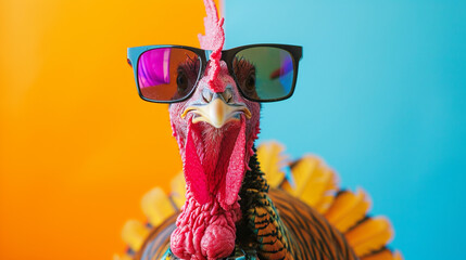 cool Funny chicken wearing sunglasses in studio with a colorful and bright background. AI Generative - obrazy, fototapety, plakaty