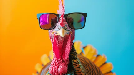 Fotobehang cool Funny chicken wearing sunglasses in studio with a colorful and bright background. AI Generative © We3 Animal