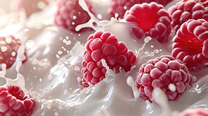 Poster Im Rahmen Close up of fresh raspberries with milk. Healthy yogurt, berry milkshake or smoothie food background © eireenz