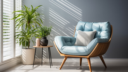 Fototapeta na wymiar Light stylish furniture, blue or green armchair with decorative pillow, home style