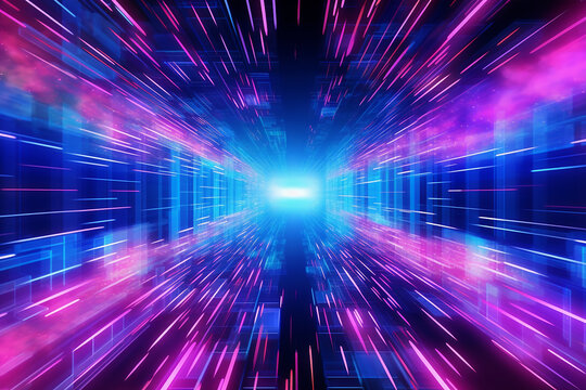 Fototapeta Abstract digital tunnel with vibrant blue and pink light trails.