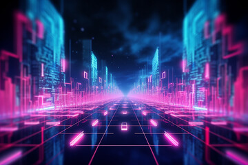 Futuristic neon cityscape with glowing lines.