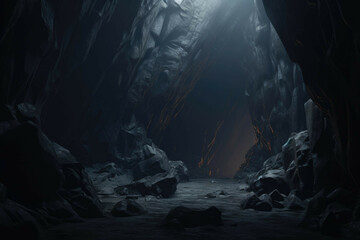 a mysterious, dark cave, illuminated by a single beam of light - obrazy, fototapety, plakaty