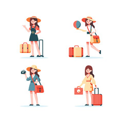 FOUR FLAT CHARACTER SET OF WOMAN TRAVEL TOURIST ILLUSTRATION VECTOR