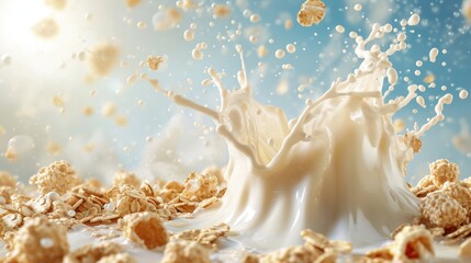 Cereals, granola or muesli breakfast with milk splashes. Breakfast food background