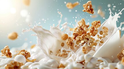Cereals, granola or muesli breakfast with milk splashes. Breakfast food background - obrazy, fototapety, plakaty