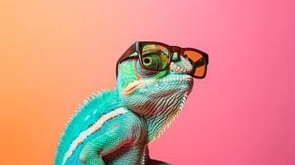 chameleon wearing sunglasses on a solid color background in studio with a colorful. AI Generative